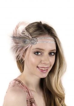 Zucker Feather Beige Flapper Headband With Rhinestones