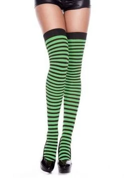 Music Legs Black And Kelly Green Striped Women's Thigh Highs