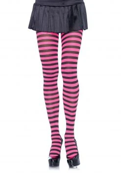 Leg Avenue Nylon Tights- Black And Pink Striped