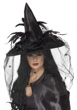 Smiffys Feathers And Netting Black Witch Hat