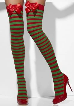 Smiffys Red & Green Striped Thigh High Christmas Stockings