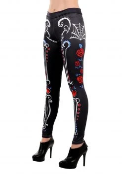 Elope Sugar Skeleton Leggings -Cheap Halloween Store sugar skull leggings one size alt 3