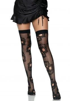 Leg Avenue Sugar Skull Net Thigh High Stockings For Women -Cheap Halloween Store sugar skull net thigh high tights alt 2
