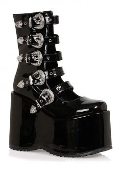 Ellie Black Platform Buckle Strap Boots For Women