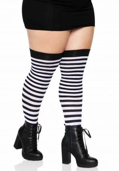 Leg Avenue Women's Plus Size Black And White Striped Thigh High Stockings -Cheap Halloween Store womens plus black and white striped thigh highs alt 2
