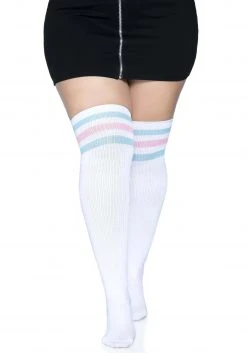 Leg Avenue Women's Plus Size White Athletic Socks With Pink And Blue Stripes -Cheap Halloween Store womens plus white athletic socks with pink and blue alt 2