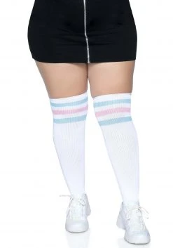 Leg Avenue Women's Plus Size White Athletic Socks With Pink And Blue Stripes