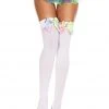 Music Legs Women's White Thigh High Stockings With Rainbow Satin Bow