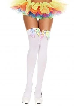 Music Legs Women's White Thigh High Stockings With Rainbow Satin Bow